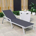 LeisureMod Marlin Modern White Aluminum Patio Chaise Lounge Chair with Arms and Square Fire Pit Side Table, Outdoor Seating for Patio, Deck, Poolside