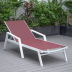LeisureMod Marlin Modern White Aluminum Patio Chaise Lounge Chair with Arms and Square Fire Pit Side Table, Outdoor Seating for Patio, Deck, Poolside