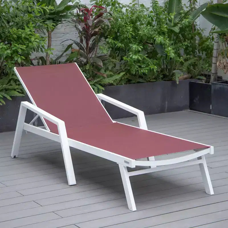 LeisureMod Marlin Modern White Aluminum Patio Chaise Lounge Chair with Arms and Square Fire Pit Side Table, Outdoor Seating for Patio, Deck, Poolside