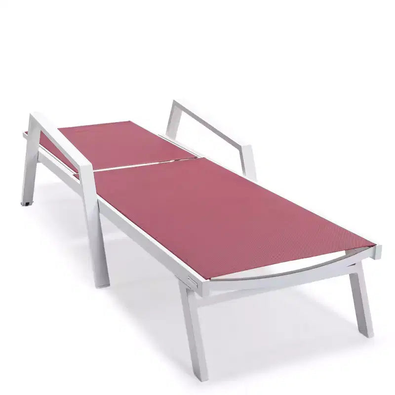 LeisureMod Marlin Modern White Aluminum Patio Chaise Lounge Chair with Arms and Square Fire Pit Side Table, Outdoor Seating for Patio, Deck, Poolside