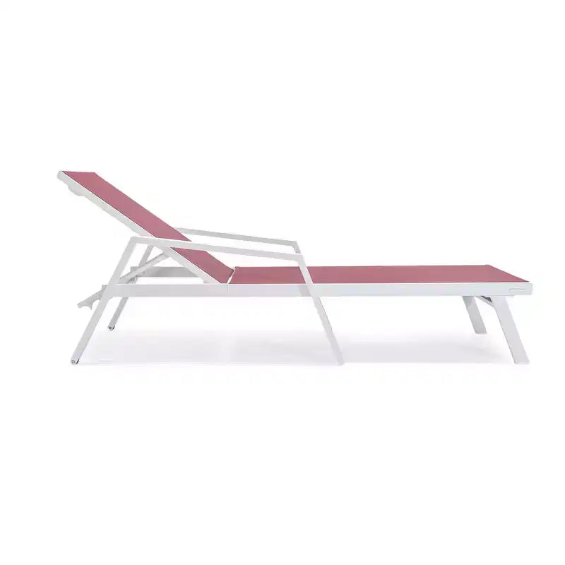 LeisureMod Marlin Modern White Aluminum Patio Chaise Lounge Chair with Arms and Square Fire Pit Side Table, Outdoor Seating for Patio, Deck, Poolside