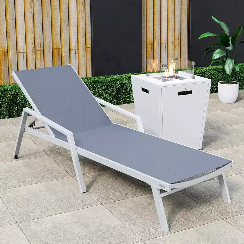 LeisureMod Marlin Modern White Aluminum Patio Chaise Lounge Chair with Arms and Square Fire Pit Side Table, Outdoor Seating for Patio, Deck, Poolside