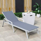 LeisureMod Marlin Modern White Aluminum Patio Chaise Lounge Chair with Arms and Square Fire Pit Side Table, Outdoor Seating for Patio, Deck, Poolside