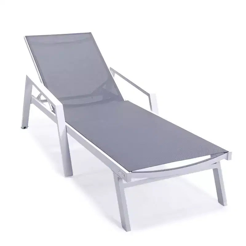 LeisureMod Marlin Modern White Aluminum Patio Chaise Lounge Chair with Arms and Square Fire Pit Side Table, Outdoor Seating for Patio, Deck, Poolside