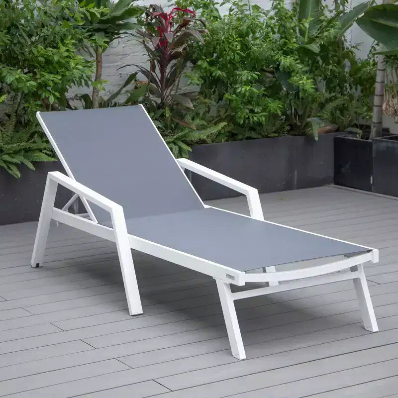 LeisureMod Marlin Modern White Aluminum Patio Chaise Lounge Chair with Arms and Square Fire Pit Side Table, Outdoor Seating for Patio, Deck, Poolside