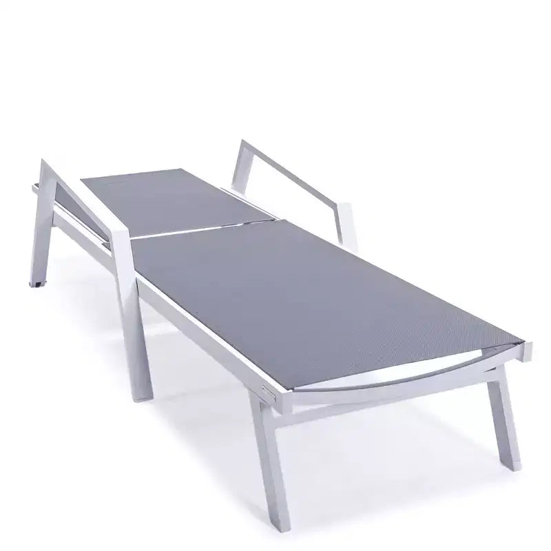 LeisureMod Marlin Modern White Aluminum Patio Chaise Lounge Chair with Arms and Square Fire Pit Side Table, Outdoor Seating for Patio, Deck, Poolside