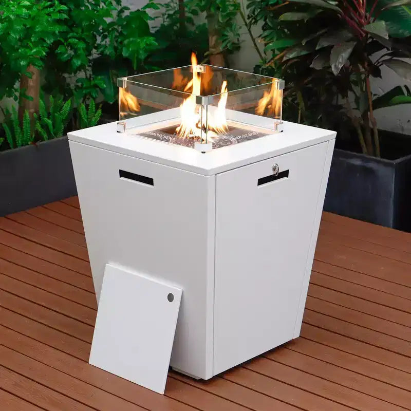 LeisureMod Marlin Modern White Aluminum Patio Chaise Lounge Chair with Arms and Square Fire Pit Side Table, Outdoor Seating for Patio, Deck, Poolside