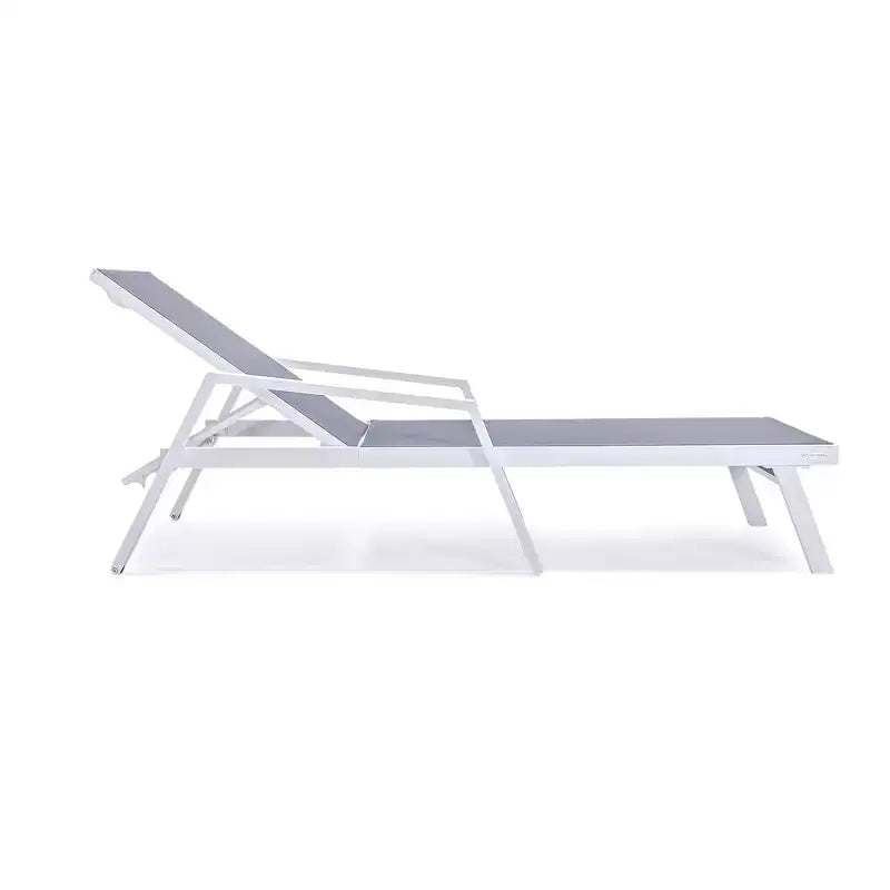 LeisureMod Marlin Modern White Aluminum Patio Chaise Lounge Chair with Arms and Square Fire Pit Side Table, Outdoor Seating for Patio, Deck, Poolside