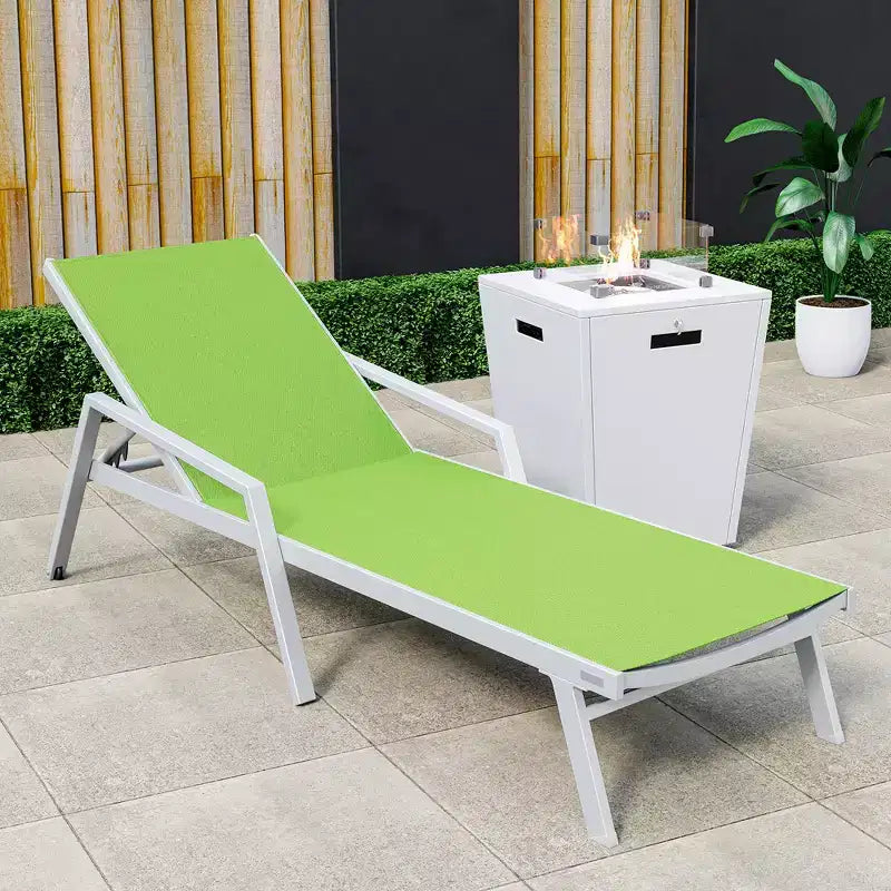 LeisureMod Marlin Modern White Aluminum Patio Chaise Lounge Chair with Arms and Square Fire Pit Side Table, Outdoor Seating for Patio, Deck, Poolside