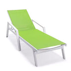 LeisureMod Marlin Modern White Aluminum Patio Chaise Lounge Chair with Arms and Square Fire Pit Side Table, Outdoor Seating for Patio, Deck, Poolside