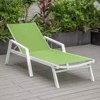 LeisureMod Marlin Modern White Aluminum Patio Chaise Lounge Chair with Arms and Square Fire Pit Side Table, Outdoor Seating for Patio, Deck, Poolside
