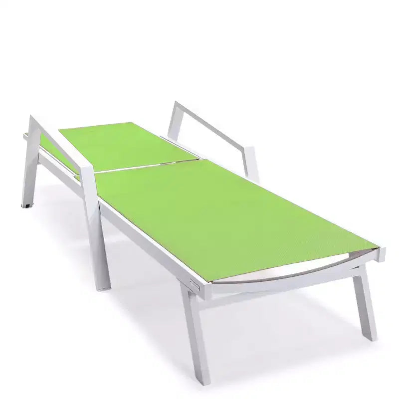 LeisureMod Marlin Modern White Aluminum Patio Chaise Lounge Chair with Arms and Square Fire Pit Side Table, Outdoor Seating for Patio, Deck, Poolside