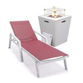 LeisureMod Marlin Modern White Aluminum Patio Chaise Lounge Chair with Arms and Square Fire Pit Side Table, Outdoor Seating for Patio, Deck, Poolside