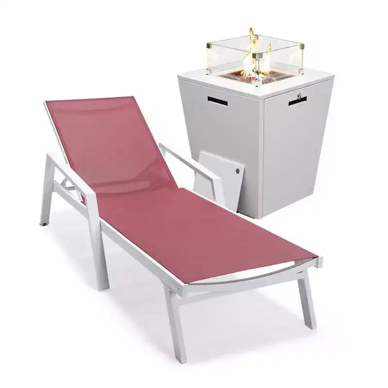LeisureMod Marlin Modern White Aluminum Patio Chaise Lounge Chair with Arms and Square Fire Pit Side Table, Outdoor Seating for Patio, Deck, Poolside