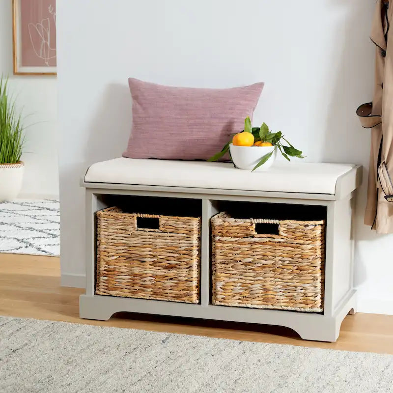 SAFAVIEH Euphemia Brown Woven Storage Basket Bench - 33.5 x 16.1 x 19.9 - 34Wx16Dx20H
