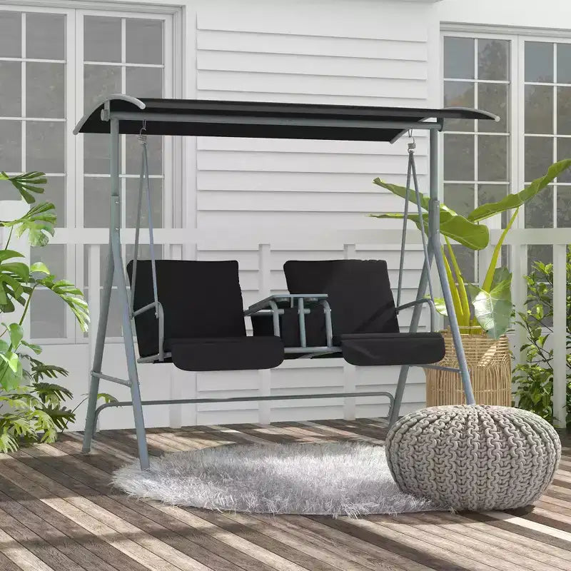 Outsunny 2 Person Porch Swing with Stand, Outdoor Swing with Canopy, Pivot Storage Table, 2 Cup Holders, Cushions for Patio, Backyard