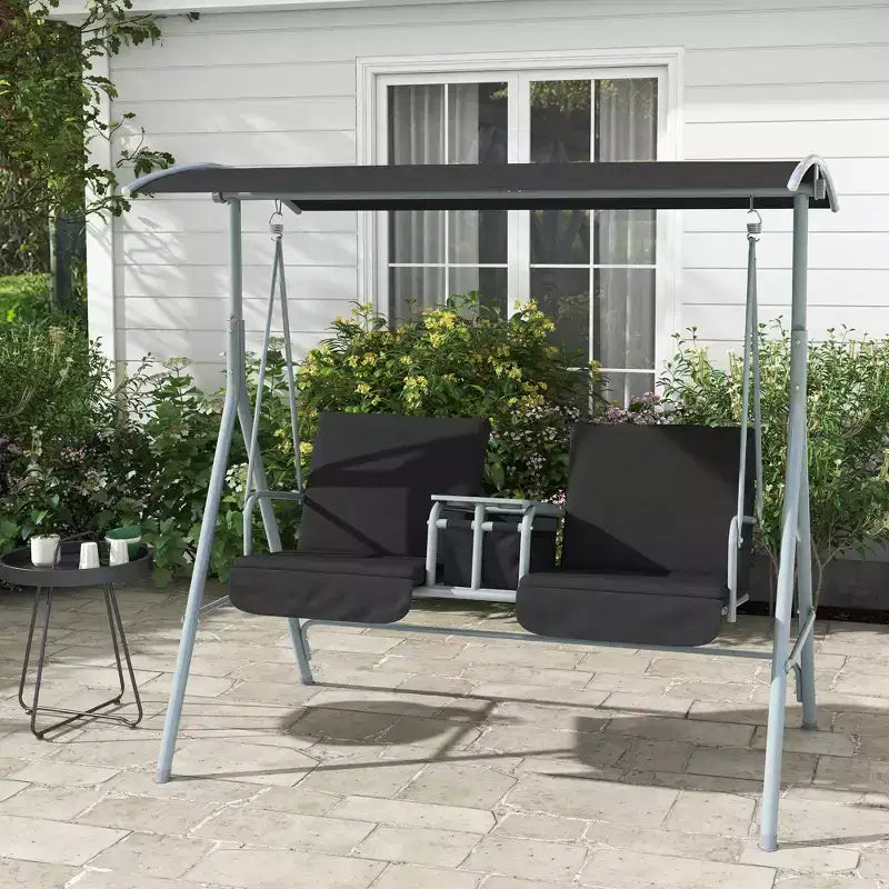 Outsunny 2 Person Porch Swing with Stand, Outdoor Swing with Canopy, Pivot Storage Table, 2 Cup Holders, Cushions for Patio, Backyard