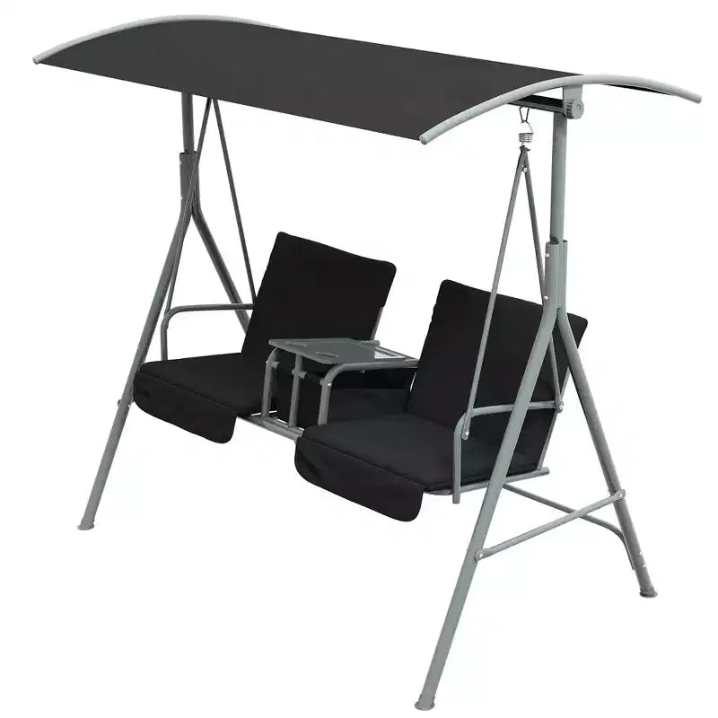 Outsunny 2 Person Porch Swing with Stand, Outdoor Swing with Canopy, Pivot Storage Table, 2 Cup Holders, Cushions for Patio, Backyard