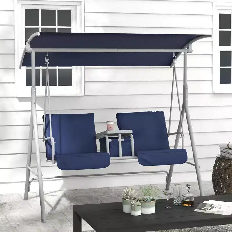 Outsunny 2 Person Porch Swing with Stand, Outdoor Swing with Canopy, Pivot Storage Table, 2 Cup Holders, Cushions for Patio, Backyard