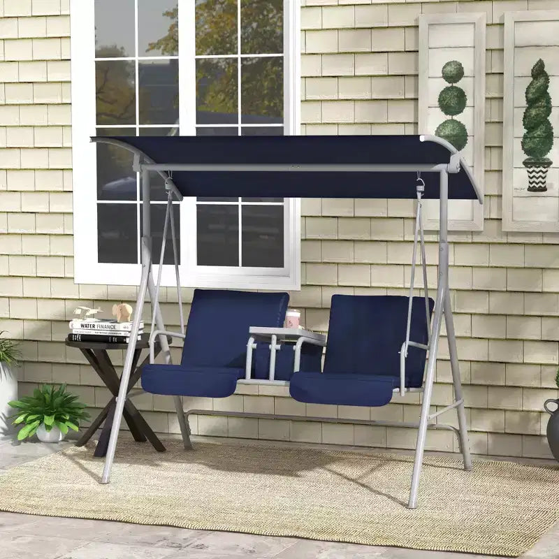 Outsunny 2 Person Porch Swing with Stand, Outdoor Swing with Canopy, Pivot Storage Table, 2 Cup Holders, Cushions for Patio, Backyard