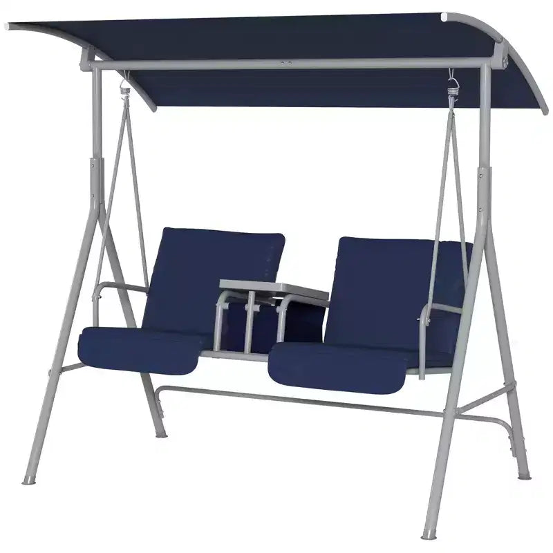 Outsunny 2 Person Porch Swing with Stand, Outdoor Swing with Canopy, Pivot Storage Table, 2 Cup Holders, Cushions for Patio, Backyard