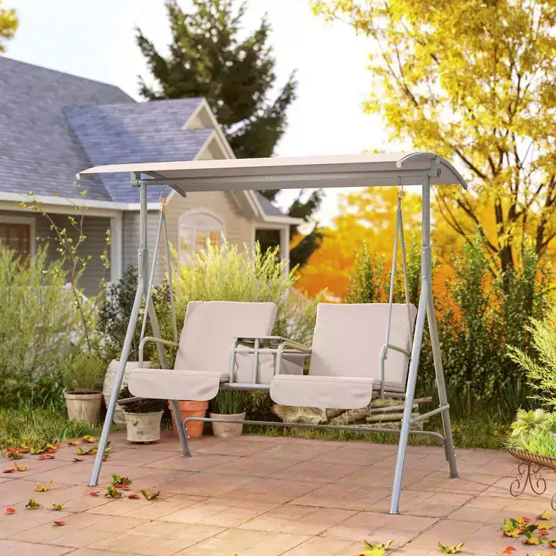Outsunny 2 Person Porch Swing with Stand, Outdoor Swing with Canopy, Pivot Storage Table, 2 Cup Holders, Cushions for Patio, Backyard