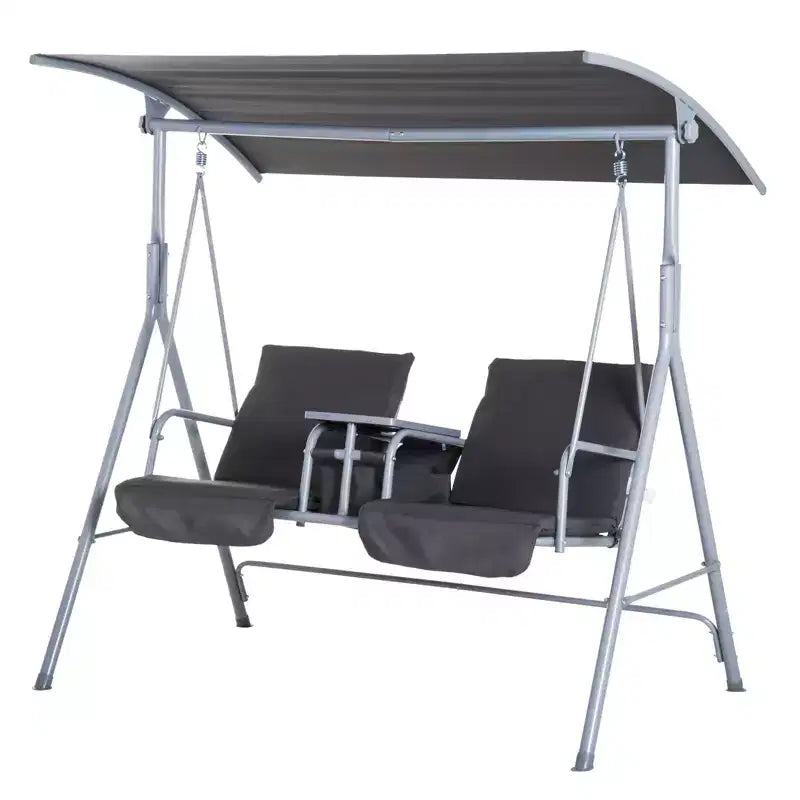 Outsunny 2 Person Porch Swing with Stand, Outdoor Swing with Canopy, Pivot Storage Table, 2 Cup Holders, Cushions for Patio, Backyard