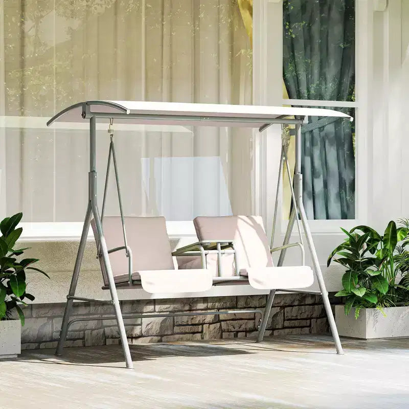 Outsunny 2 Person Porch Swing with Stand, Outdoor Swing with Canopy, Pivot Storage Table, 2 Cup Holders, Cushions for Patio, Backyard
