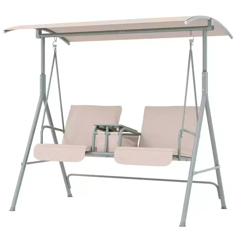 Outsunny 2 Person Porch Swing with Stand, Outdoor Swing with Canopy, Pivot Storage Table, 2 Cup Holders, Cushions for Patio, Backyard