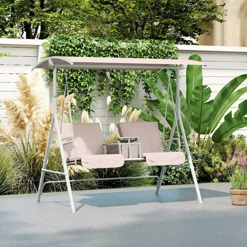 Outsunny 2 Person Porch Swing with Stand, Outdoor Swing with Canopy, Pivot Storage Table, 2 Cup Holders, Cushions for Patio, Backyard