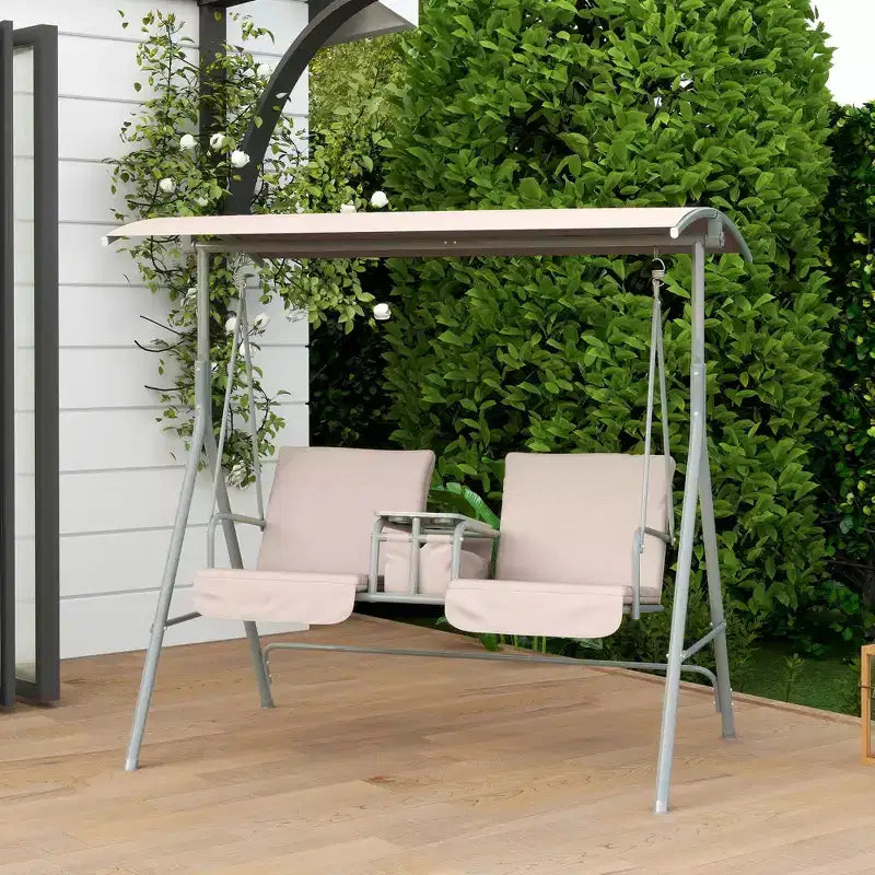 Outsunny 2 Person Porch Swing with Stand, Outdoor Swing with Canopy, Pivot Storage Table, 2 Cup Holders, Cushions for Patio, Backyard