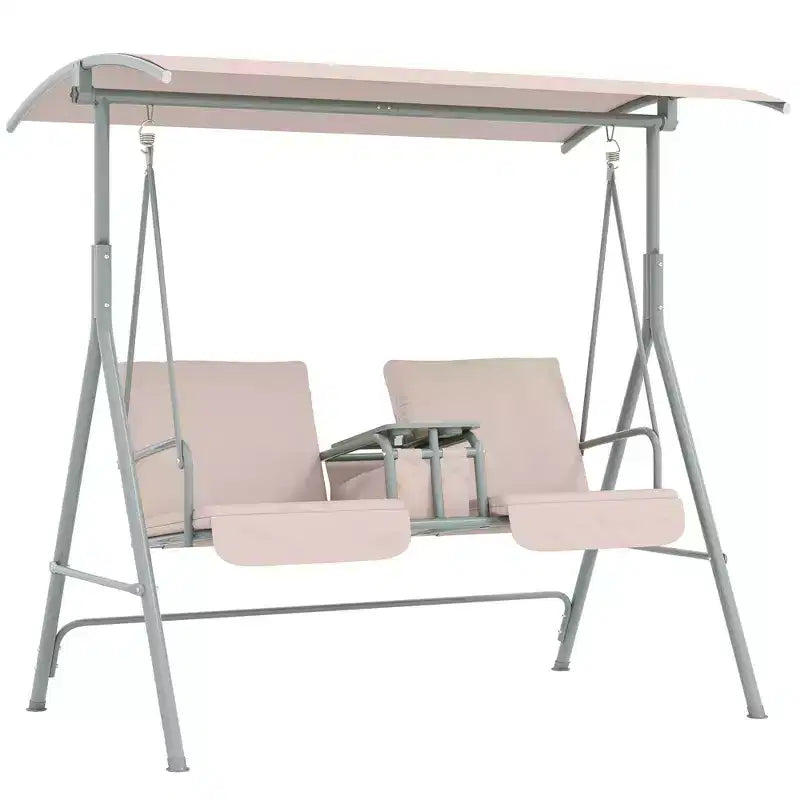 Outsunny 2 Person Porch Swing with Stand, Outdoor Swing with Canopy, Pivot Storage Table, 2 Cup Holders, Cushions for Patio, Backyard