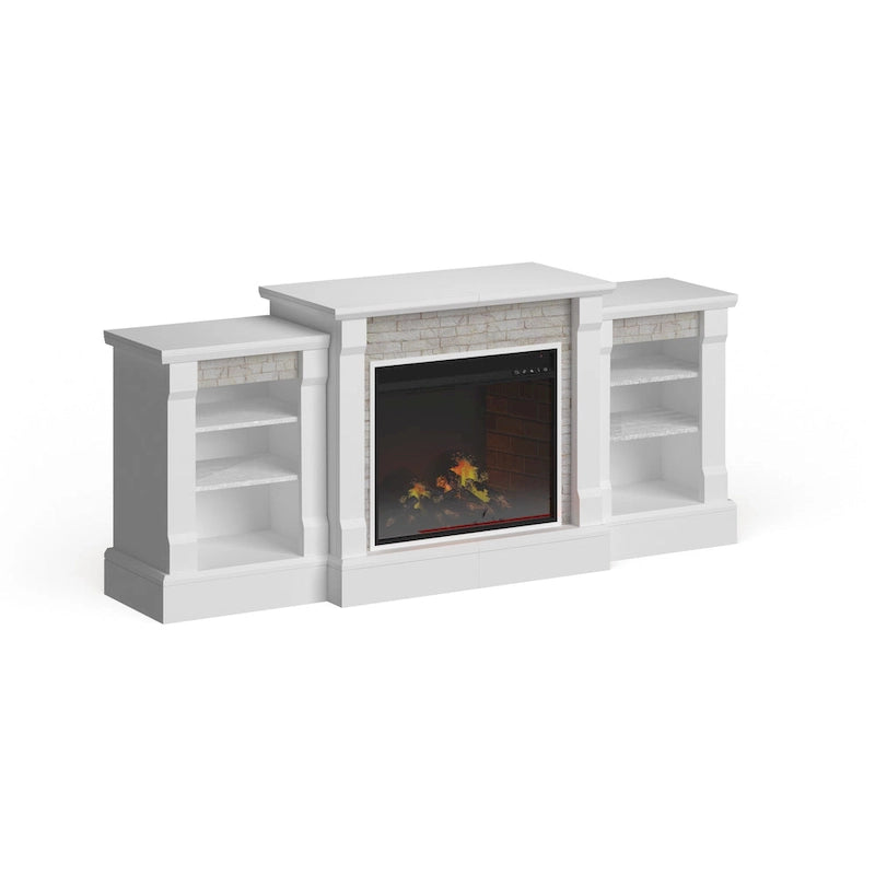 SEI Furniture Remote Controlled LED Electric Fireplace with Mantel in White Stone and Storage