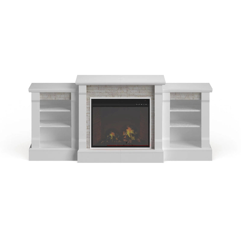 SEI Furniture Remote Controlled LED Electric Fireplace with Mantel in White Stone and Storage
