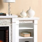 SEI Furniture Remote Controlled LED Electric Fireplace with Mantel in White Stone and Storage