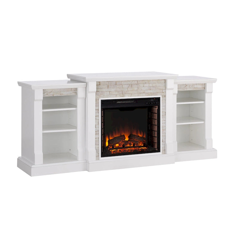 SEI Furniture Remote Controlled LED Electric Fireplace with Mantel in White Stone and Storage