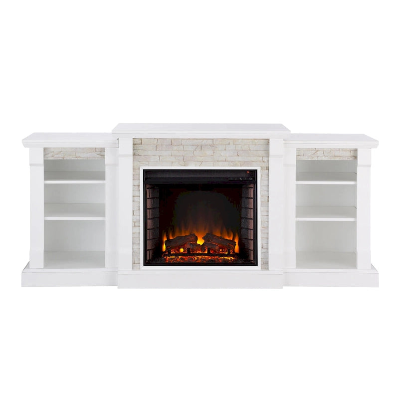 SEI Furniture Remote Controlled LED Electric Fireplace with Mantel in White Stone and Storage