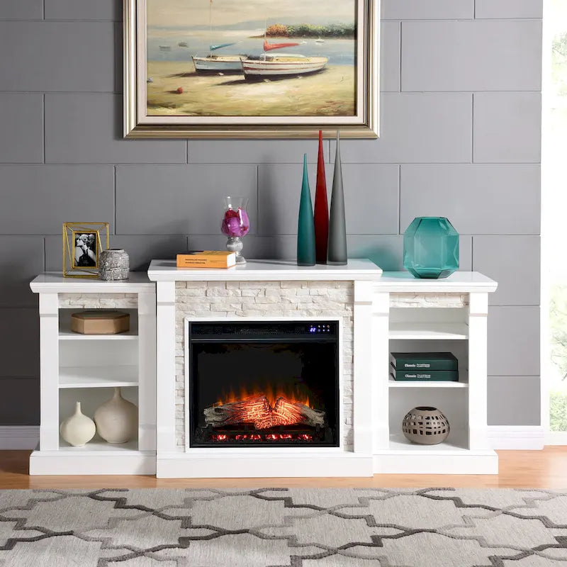 SEI Furniture Remote Controlled LED Electric Fireplace with Mantel in White Stone and Storage