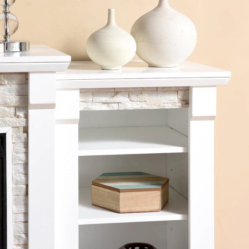 SEI Furniture Remote Controlled LED Electric Fireplace with Mantel in White Stone and Storage