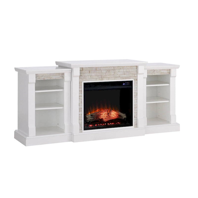 SEI Furniture Remote Controlled LED Electric Fireplace with Mantel in White Stone and Storage