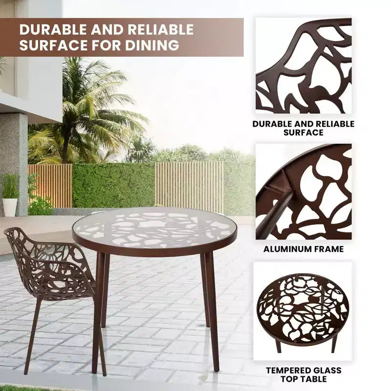 LeisureMod Devon 3-Piece Aluminum Outdoor Bistro Set - Glass Top Dining Table and 2 Stackable All-Weather Mesh Chairs