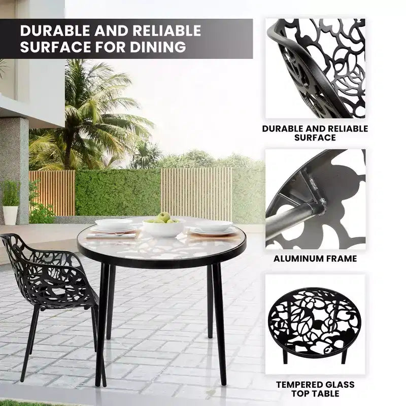 LeisureMod Devon 3-Piece Aluminum Outdoor Bistro Set - Glass Top Dining Table and 2 Stackable All-Weather Mesh Chairs