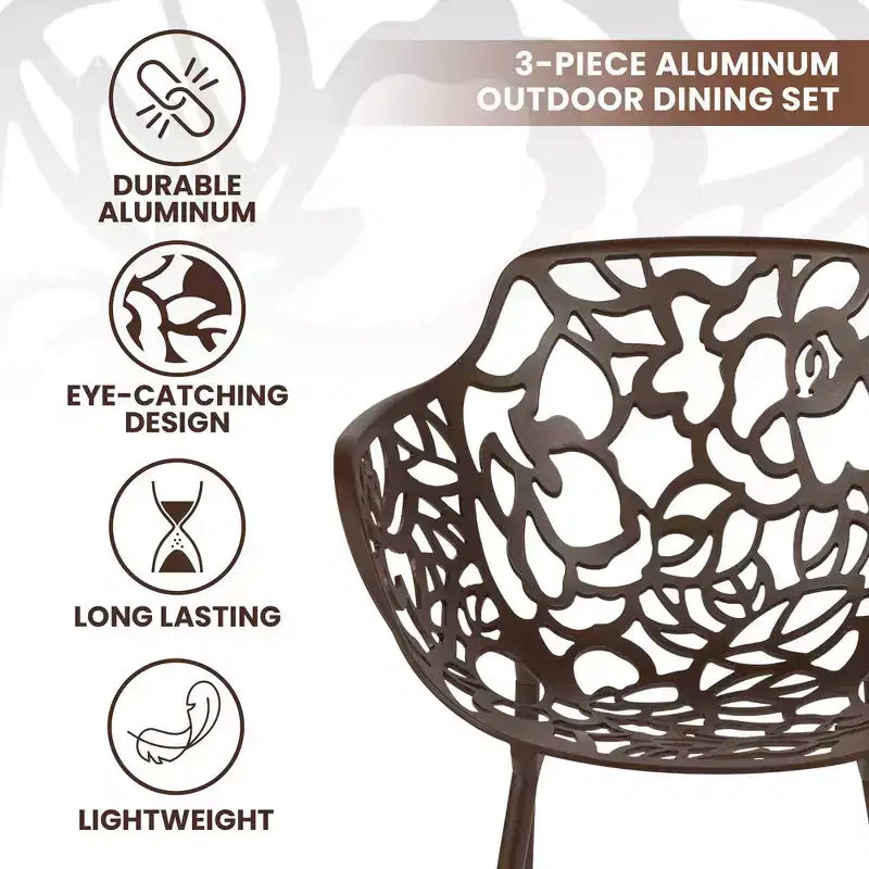 LeisureMod Devon 3-Piece Aluminum Outdoor Bistro Set - Glass Top Dining Table and 2 Stackable All-Weather Mesh Chairs