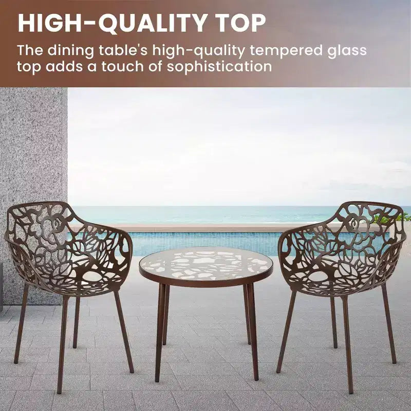 LeisureMod Devon 3-Piece Aluminum Outdoor Bistro Set - Glass Top Dining Table and 2 Stackable All-Weather Mesh Chairs