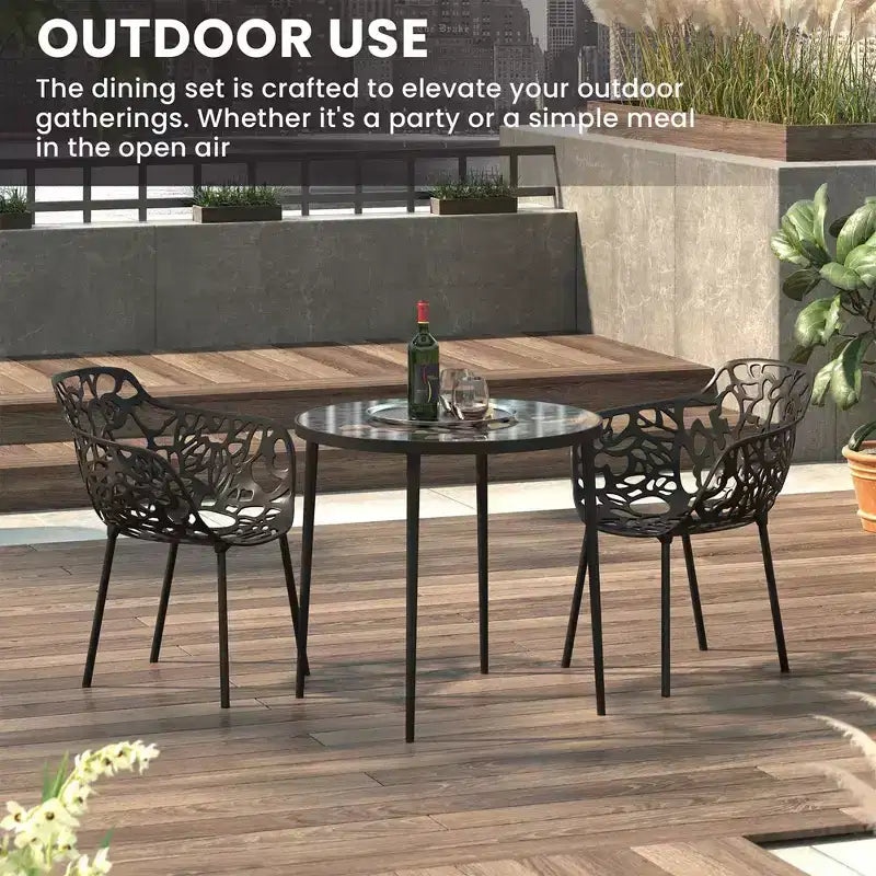 LeisureMod Devon 3-Piece Aluminum Outdoor Bistro Set - Glass Top Dining Table and 2 Stackable All-Weather Mesh Chairs