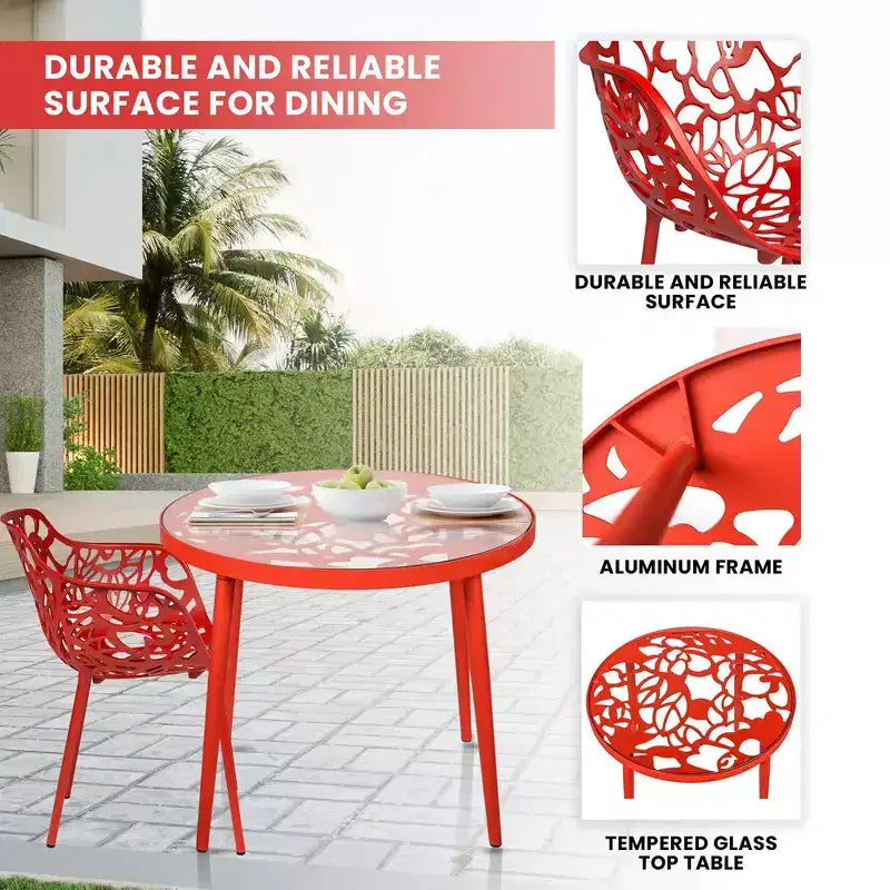 LeisureMod Devon 3-Piece Aluminum Outdoor Bistro Set - Glass Top Dining Table and 2 Stackable All-Weather Mesh Chairs