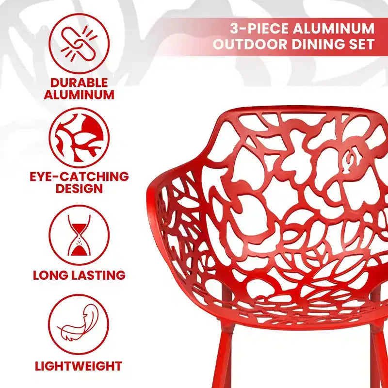 LeisureMod Devon 3-Piece Aluminum Outdoor Bistro Set - Glass Top Dining Table and 2 Stackable All-Weather Mesh Chairs
