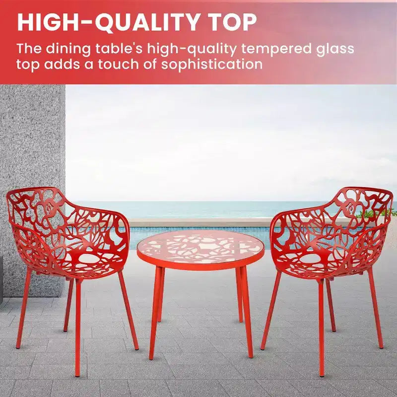LeisureMod Devon 3-Piece Aluminum Outdoor Bistro Set - Glass Top Dining Table and 2 Stackable All-Weather Mesh Chairs