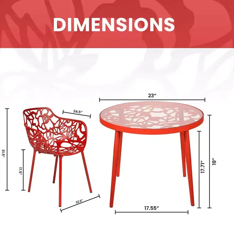 LeisureMod Devon 3-Piece Aluminum Outdoor Bistro Set - Glass Top Dining Table and 2 Stackable All-Weather Mesh Chairs