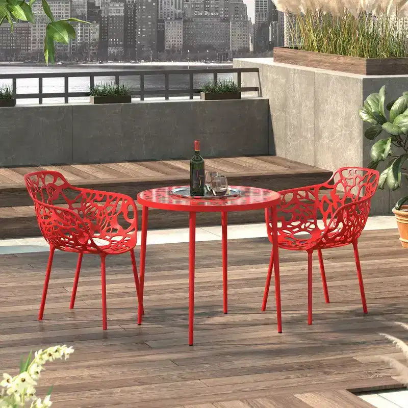 LeisureMod Devon 3-Piece Aluminum Outdoor Bistro Set - Glass Top Dining Table and 2 Stackable All-Weather Mesh Chairs